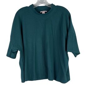 Victoria's Secret Shirt Womens L Blue Waffle Knit Mock Neck Short Sleeve Boxy